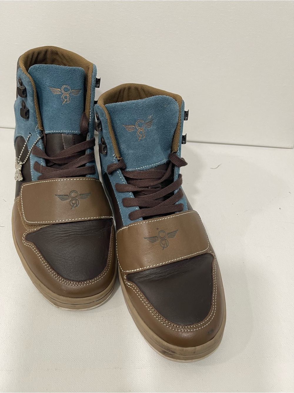 Men's Brown and Blue High-Top Lace-Up Boots